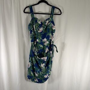Paradise Found Hawaiian Dress Women's Large Blue Green Floral Paux Wrap Smocked